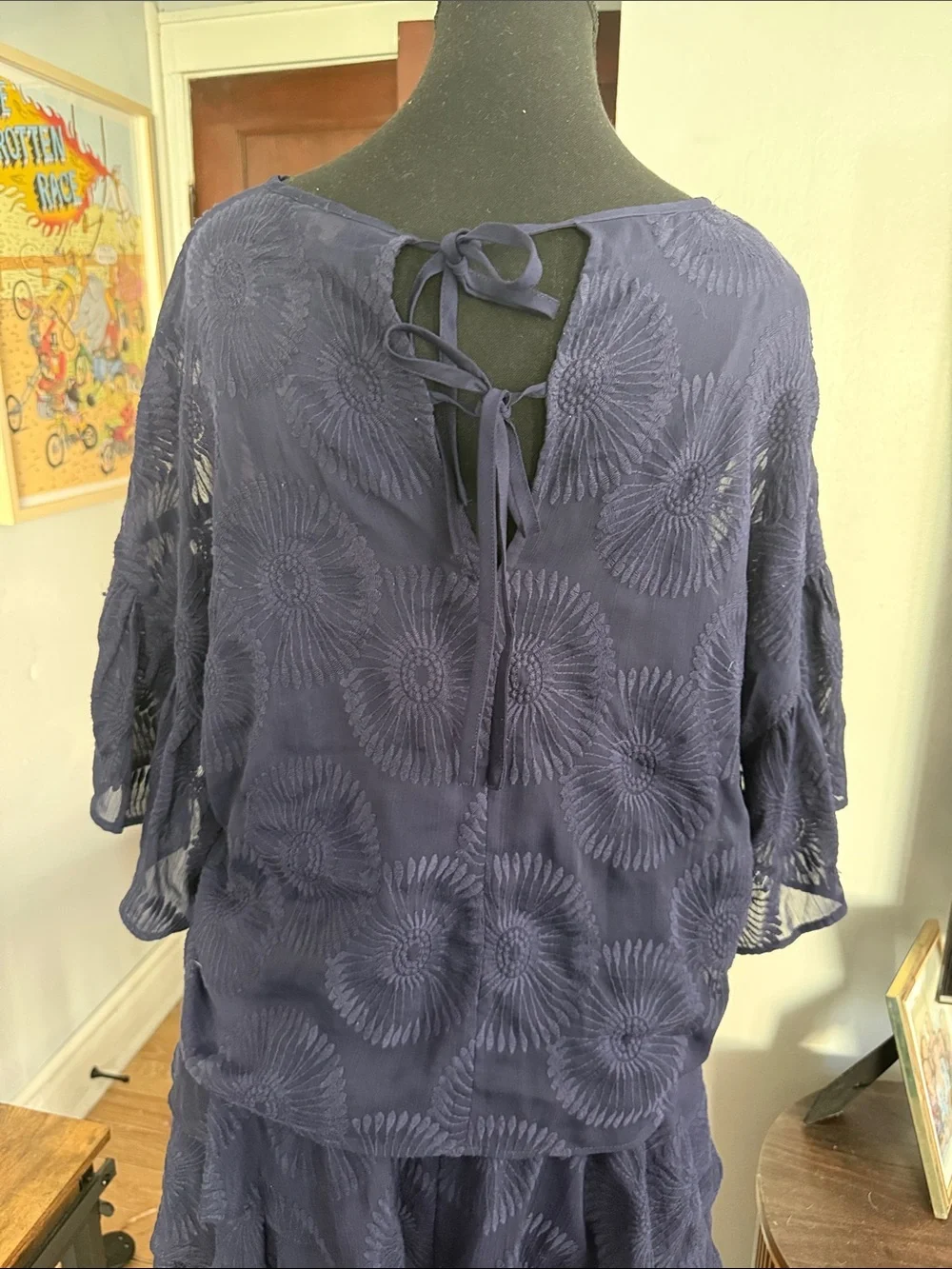 Ted Baker Navy Embroidered Ruffle-Sleeve Tunic